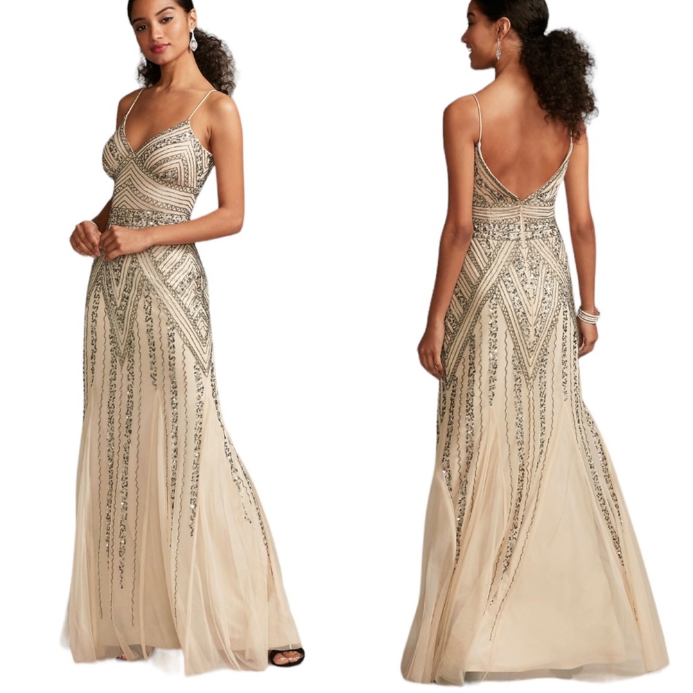 MARINA Deco Beaded Mesh A Line Gown with Godet Skirt Navy Size 2 NWT - Picture 3 of 12